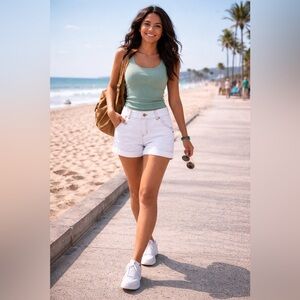 One 5 One Petite White Cuffed Hem Shorts Women’s 8P Brown Stitching NWT Summer